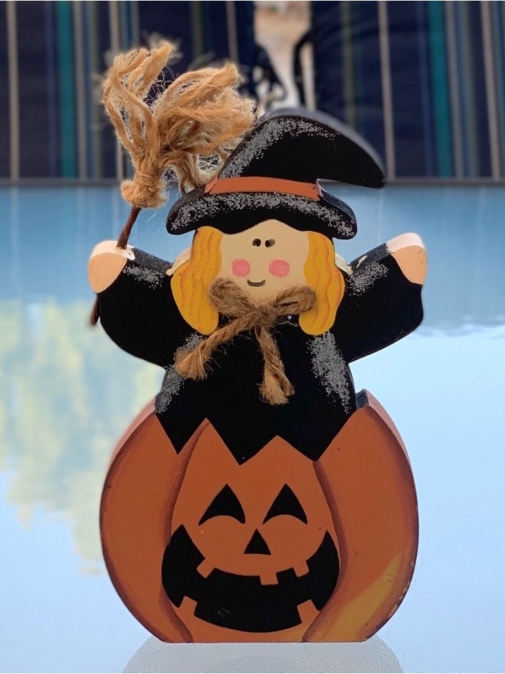 Kitschy Witch and Jack-O-Lantern Wooden Colorful Halloween Table Decoration